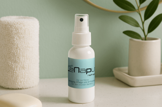 Intimspray „LeNapur refresh to go“: Eine weiße 50ml-Flasche mit Pumpsprühkopf steht auf einem Badezimmerregal – daneben Handtuch, Seife und eine Pflanze.