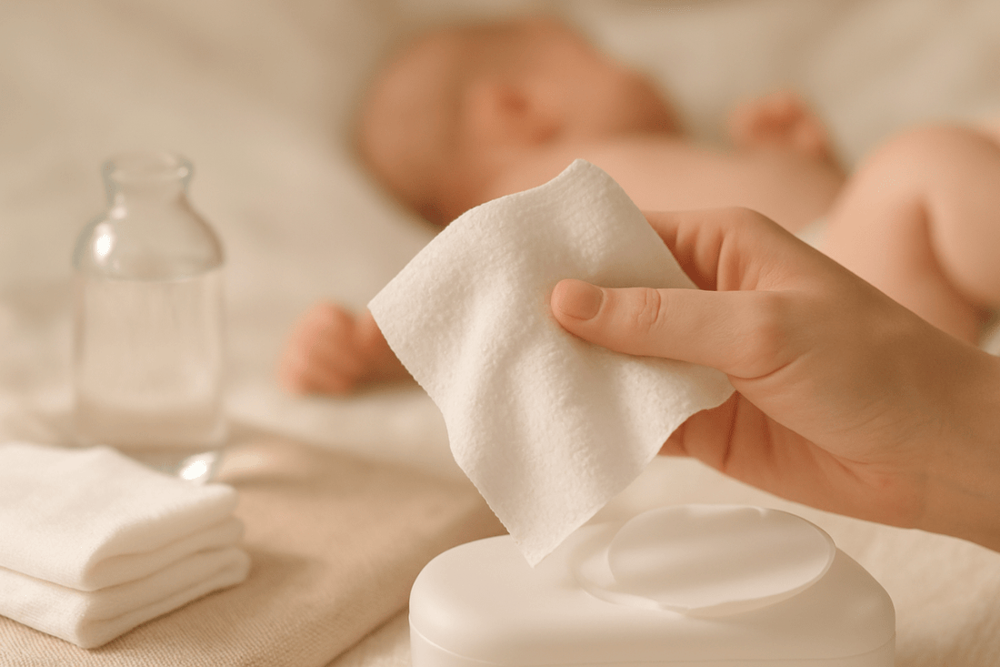 Feuchttücher Baby – Hand entnimmt Tuch, Baby im Hintergrund (Symbol Babypflege)