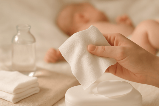 Feuchttücher Baby – Hand entnimmt Tuch, Baby im Hintergrund (Symbol Babypflege)