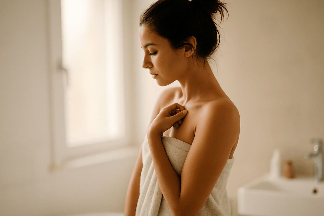 Intimhygiene – eine Frau in einem Handtuch in einem Badezimmer