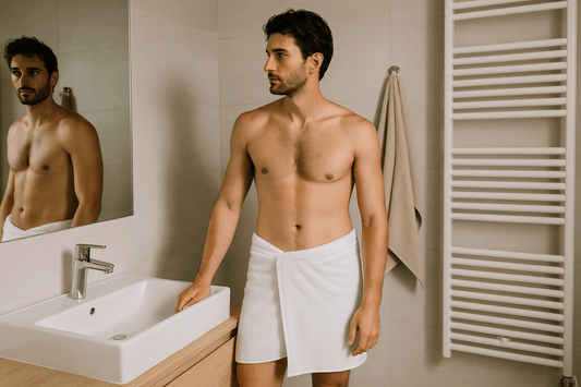 Intimpflege Mann – Mann mit Handtuch um Hüfte im Badezimmer vor dem Spiegel
